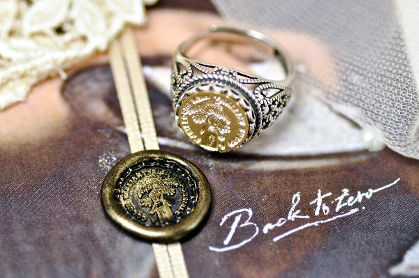 Hand Holding Plant Latin Motto Lace Signet Ring - Backtozero B20 - 12l, 12mm, 12mm ring, 925 Silver, accessory, courage, goal, her, Intaglio, Intaglio ring, jewelry, lace, latin motto, signet, size 10, size 7, size 8, size 9, wax seal, wax seal ring, wax seal stamp, wisdom