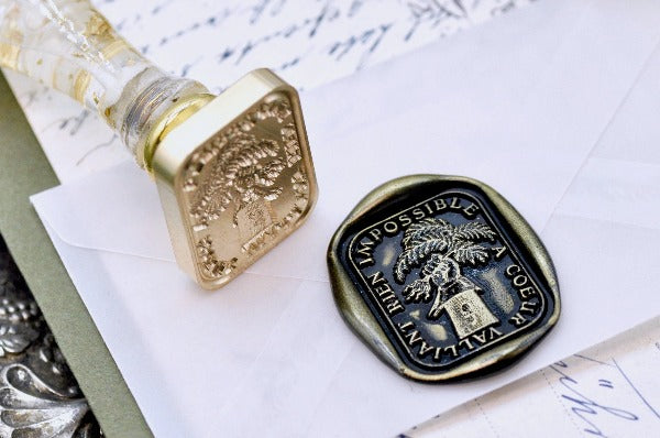 Hand Holding Plant Latin Motto Wax Seal Stamp - Backtozero B20 - antique, botanic, Botanical, courage, goal, hand, latin, latin motto, Plant, possible, Retro, root, rounded rectangle, Signature, signaturehandle