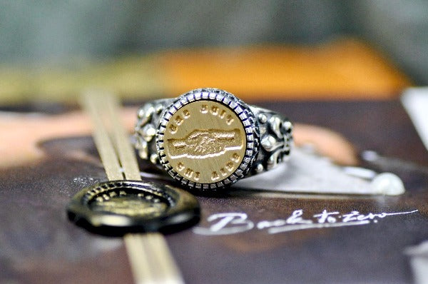 Handshake Latin Motto Fleur De Lis Signet Ring - Backtozero B20 - 12f, 12mm, 12mm ring, 925 Silver, accessory, Fleur de Lis, him, Intaglio, Intaglio ring, jewelry, latin, latin motto, Message, ring, seal, seal ring, signet, size 10, size 11, size 8, size 9, trust, wax seal, wax seal stamp