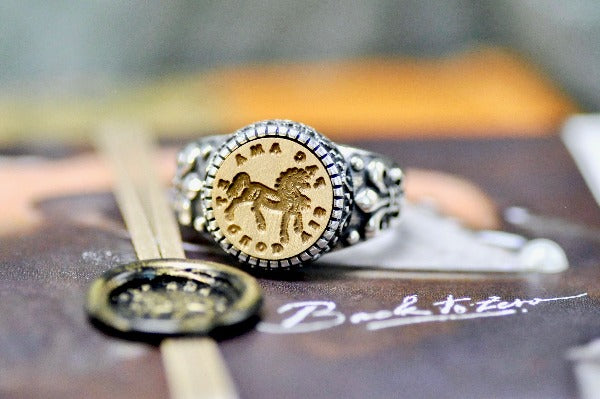 Horse Latin Motto Fleur De Lis Signet Ring - Backtozero B20 - 12f, 12mm, 12mm ring, 925 Silver, accessory, Ambitious, Fleur de Lis, him, Intaglio, Intaglio ring, jewelry, latin, latin motto, Message, ring, seal, seal ring, signet, size 10, size 11, size 8, size 9, wax seal, wax seal stamp