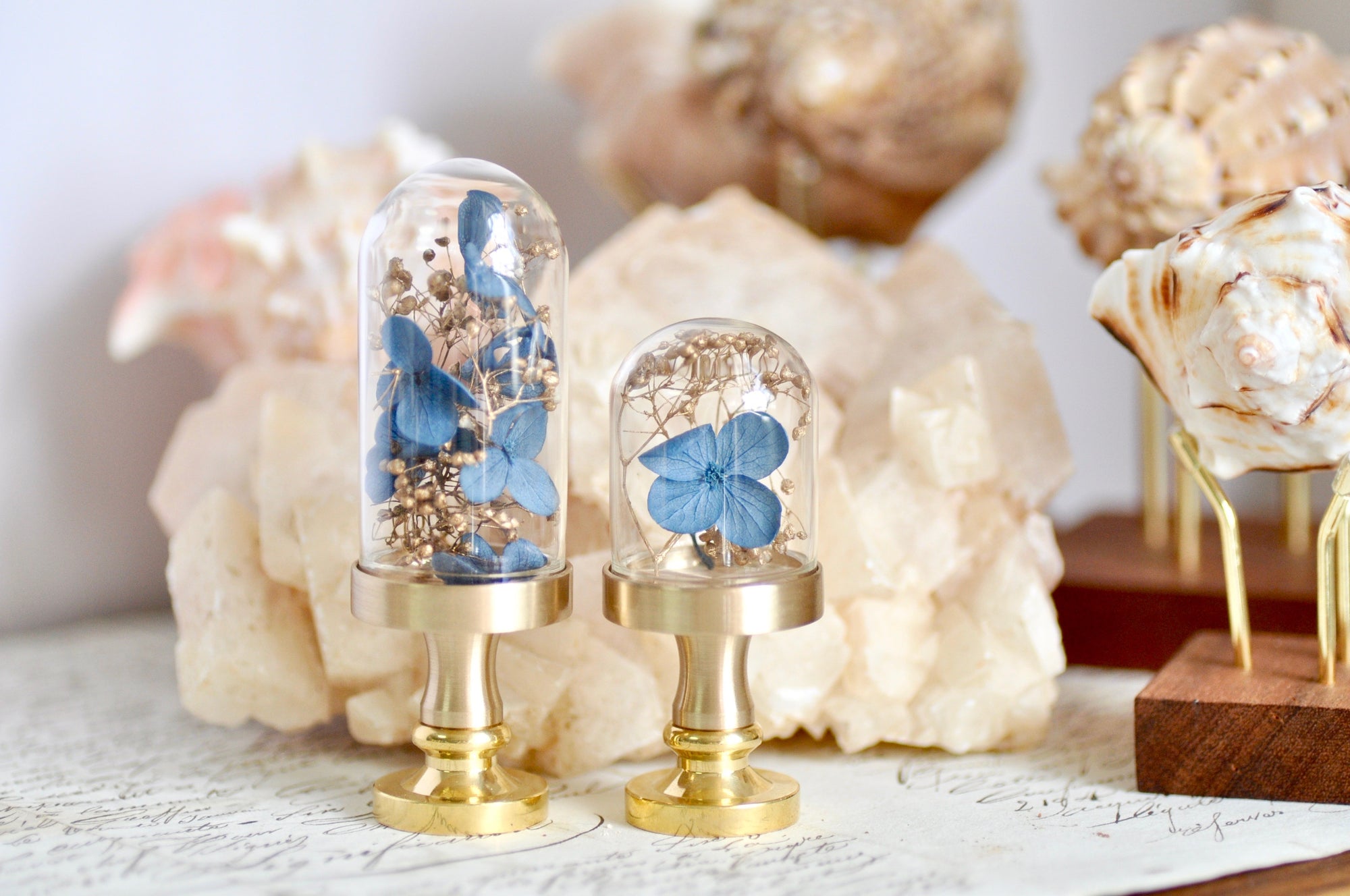 OOAK Dried Hydrangea Glass Dome Wax Seal Handle | Blue