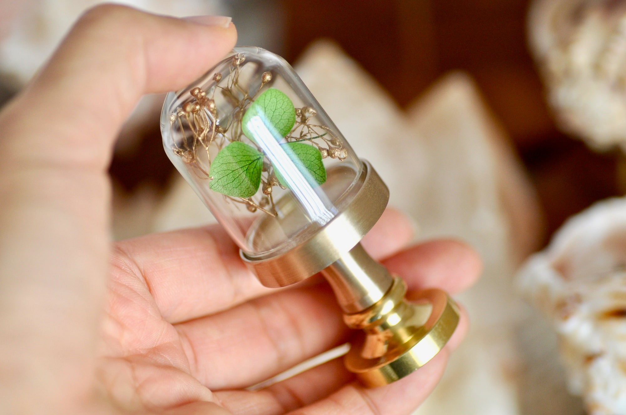 OOAK Dried Hydrangea Glass Dome Wax Seal Handle | Green