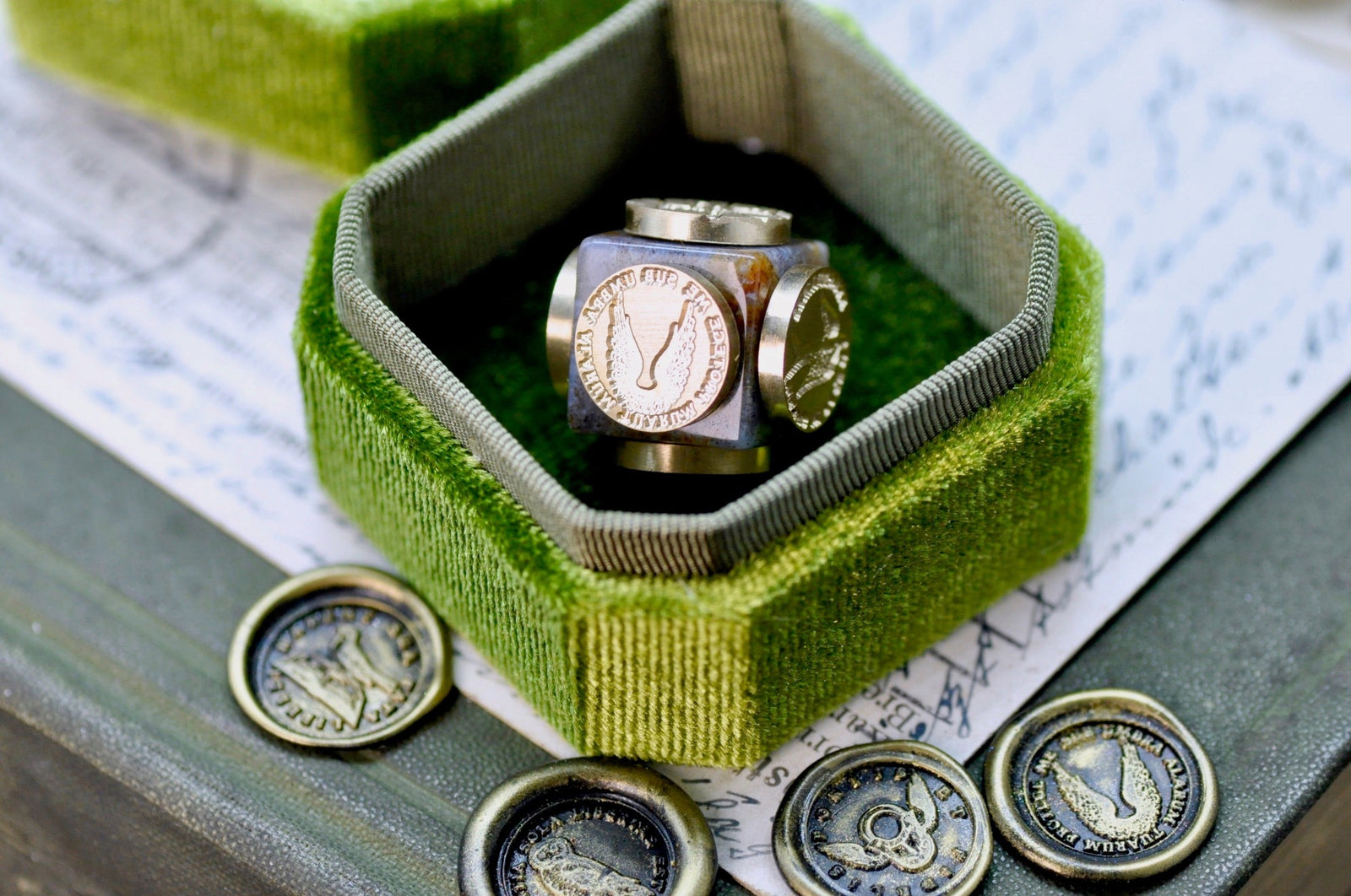 OOAK Latin Motto Cube Wax Seal | Indian Agate | Knowledge is Power - Backtozero B20 - antique, antique inspired, Bird, book, cube, knowledge, latin, latin motto, lock, loyalty, Message, motto, natural stone, newarrivals, owl, positive, positivity, Retro, secure, stone, swallow, wings, wisdom