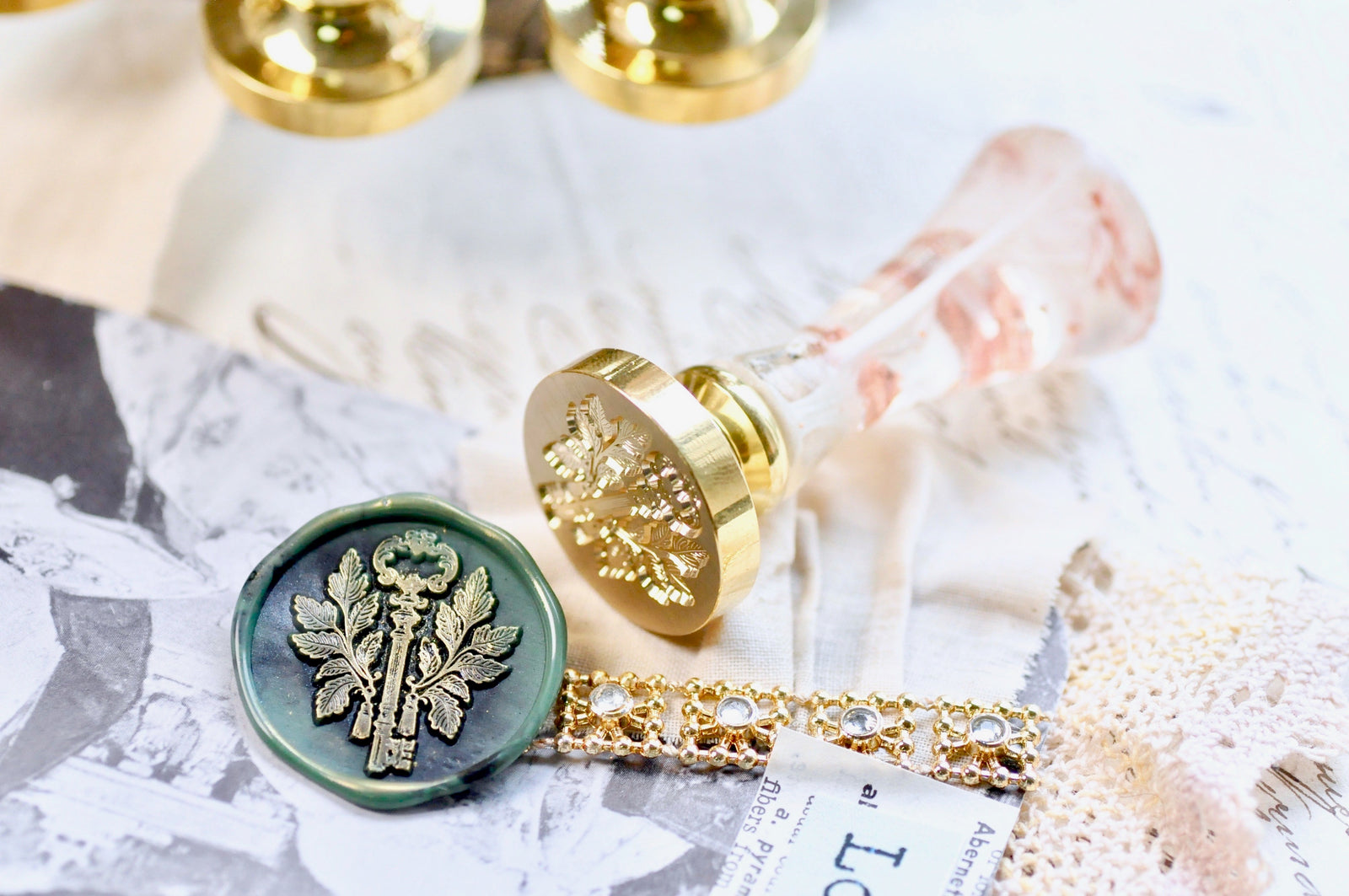 Skeleton Key with Olive Branches & Tassels Wax Seal Stamp - Backtozero B20 - Botanical, handleupgrade, key, newarrivals, olive branch, Retro, Signature, signaturehandle, skeleton key, tassel