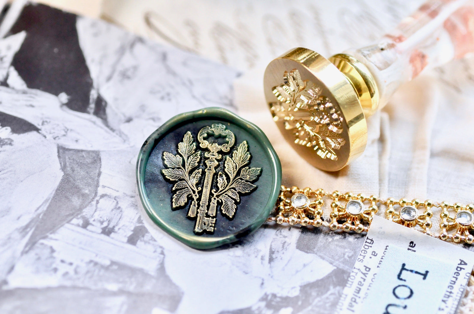 Skeleton Key with Olive Branches & Tassels Wax Seal Stamp - Backtozero B20 - Botanical, handleupgrade, key, newarrivals, olive branch, Retro, Signature, signaturehandle, skeleton key, tassel