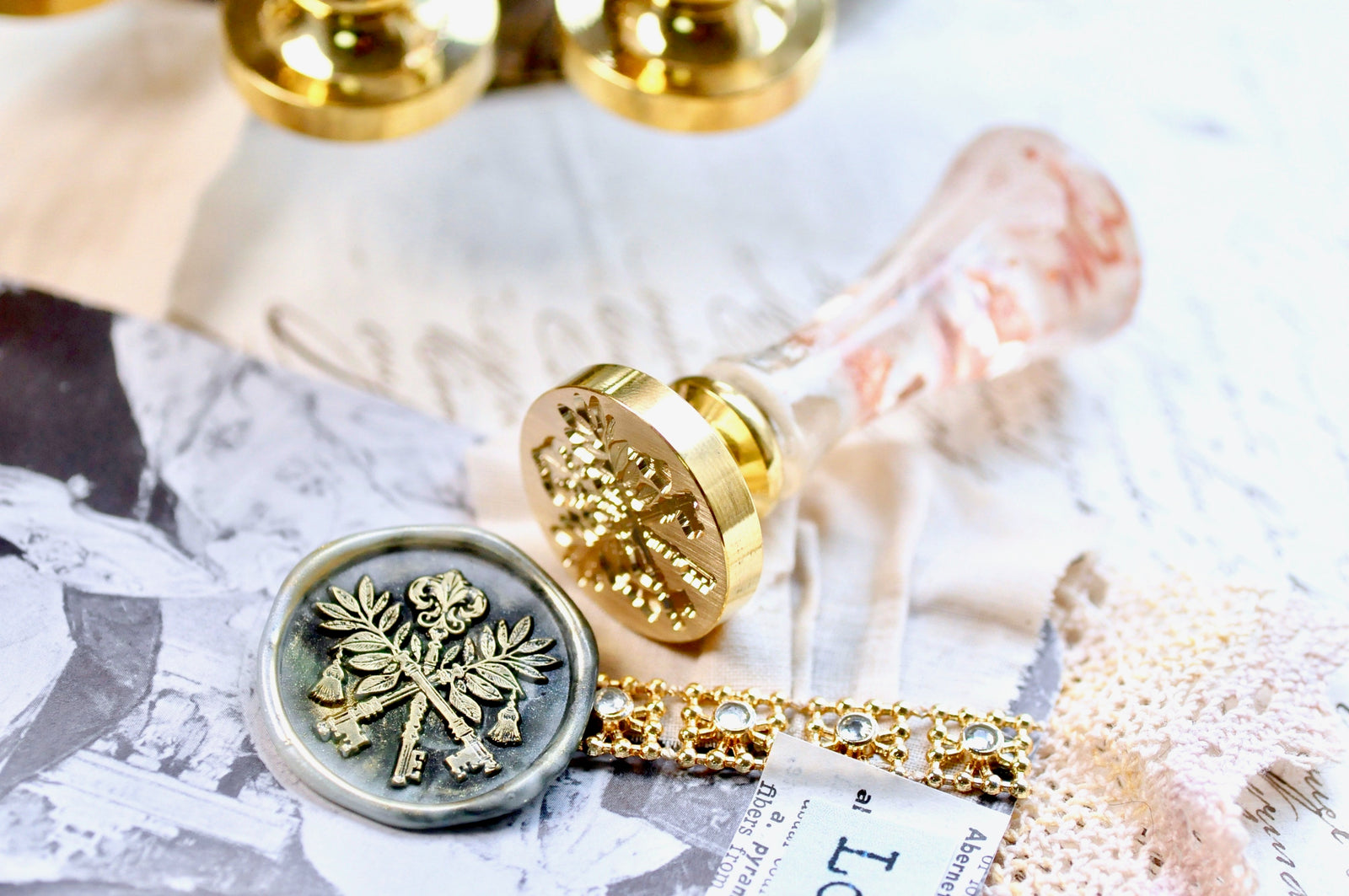 Triple Keys with Olive Branches & Tassels Wax Seal Stamp - Backtozero B20 - Botanical, handleupgrade, key, keys, newarrivals, olive branch, Retro, Signature, signaturehandle, skeleton key, tassel