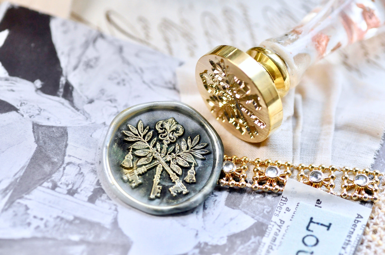 Triple Keys with Olive Branches & Tassels Wax Seal Stamp - Backtozero B20 - Botanical, handleupgrade, key, keys, newarrivals, olive branch, Retro, Signature, signaturehandle, skeleton key, tassel