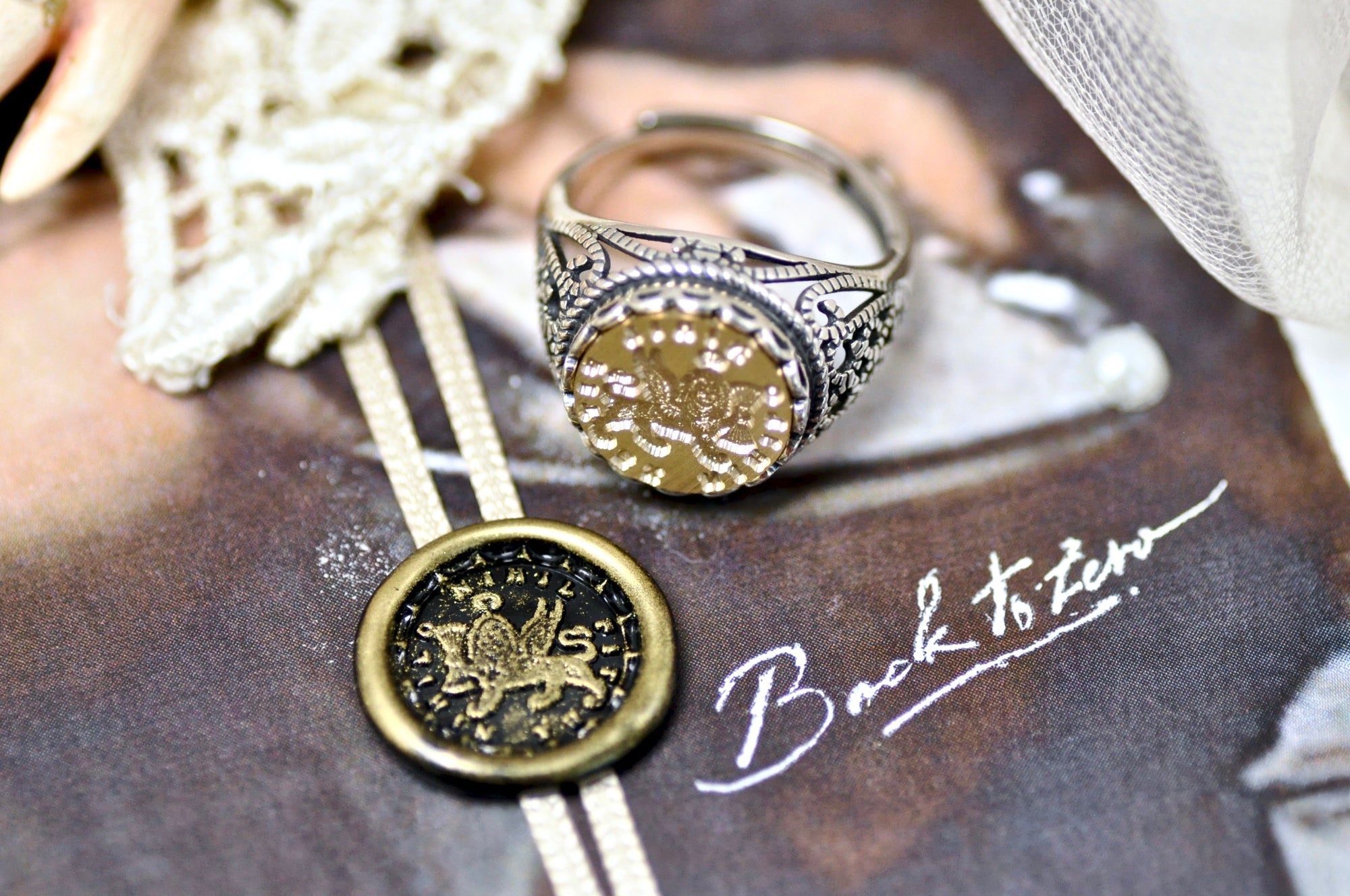 Winged Lion Latin Motto Lace Signet Ring