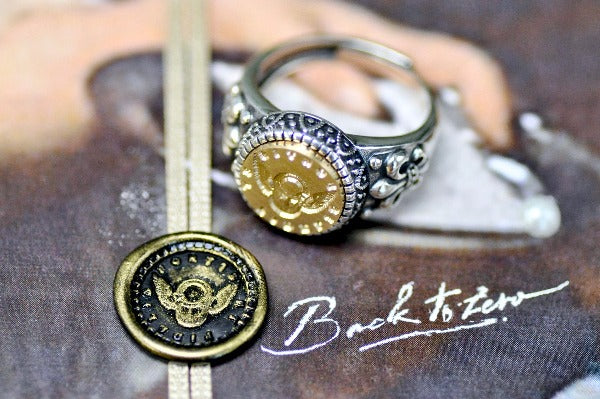 Lock with Wings Latin Motto Fleur De Lis Signet Ring - Backtozero B20 - 12f, 12mm, 12mm ring, 925 Silver, accessory, faith, faithful, Fleur de Lis, him, Intaglio, Intaglio ring, jewelry, latin, latin motto, loyalty, Message, ring, seal, seal ring, signet, size 10, size 11, size 8, size 9, trust, wax seal, wax seal stamp