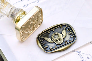 Lock with Wings Latin Motto Wax Seal Stamp - Backtozero B20 - antique, faith, faithful, latin, latin motto, loyalty, Message, Retro, rounded rectangle, Signature, signaturehandle, trust