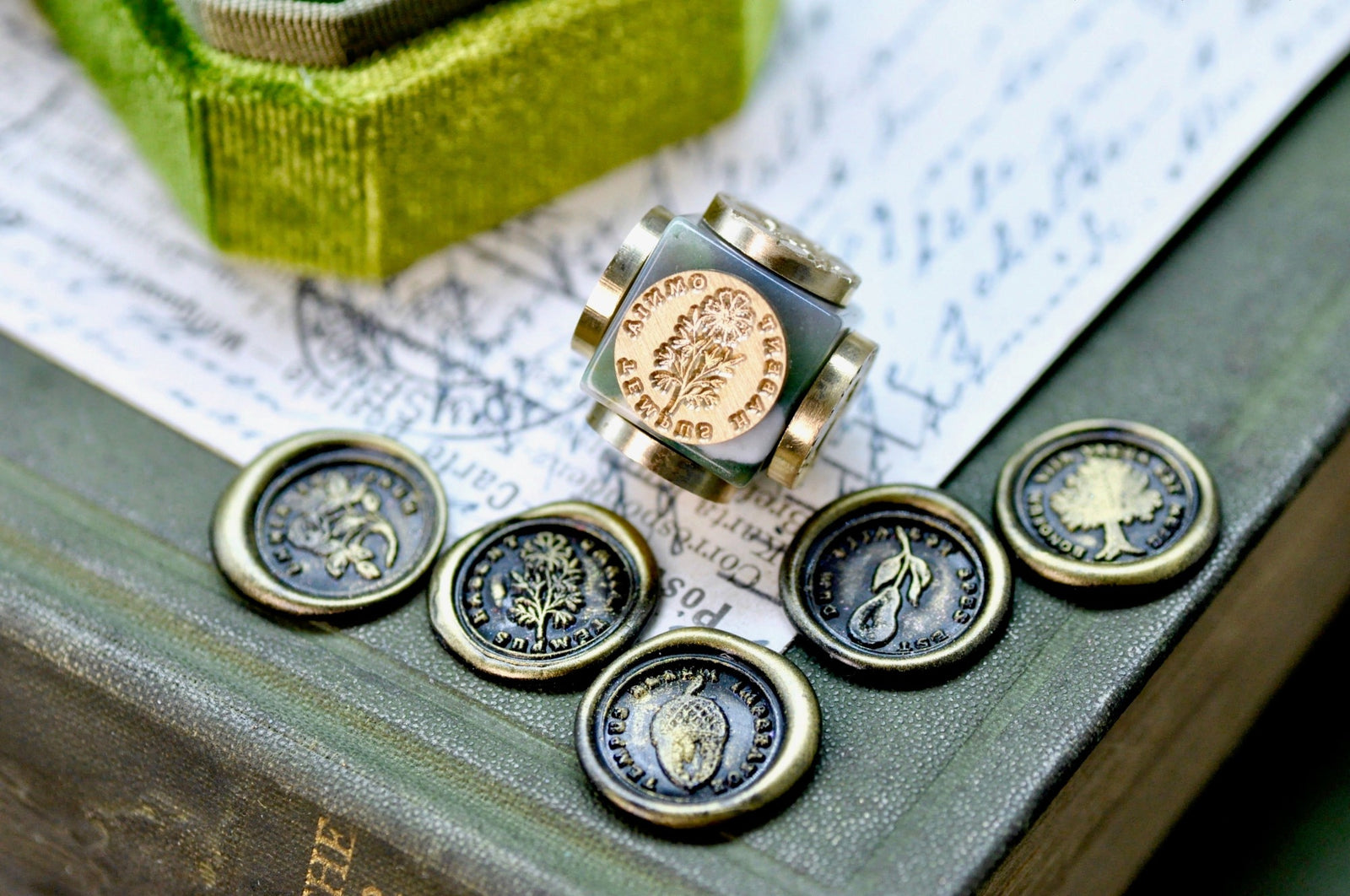 OOAK Latin Motto Cube Wax Seal | Moss Agate | Tomorrow Begins Today - Backtozero B20 - acorn, antique, antique inspired, courage, cube, daisy, hope, latin, latin motto, Message, motto, natural stone, newarrivals, patience, pear, positive, positivity, Retro, rose, stone, time, Tree