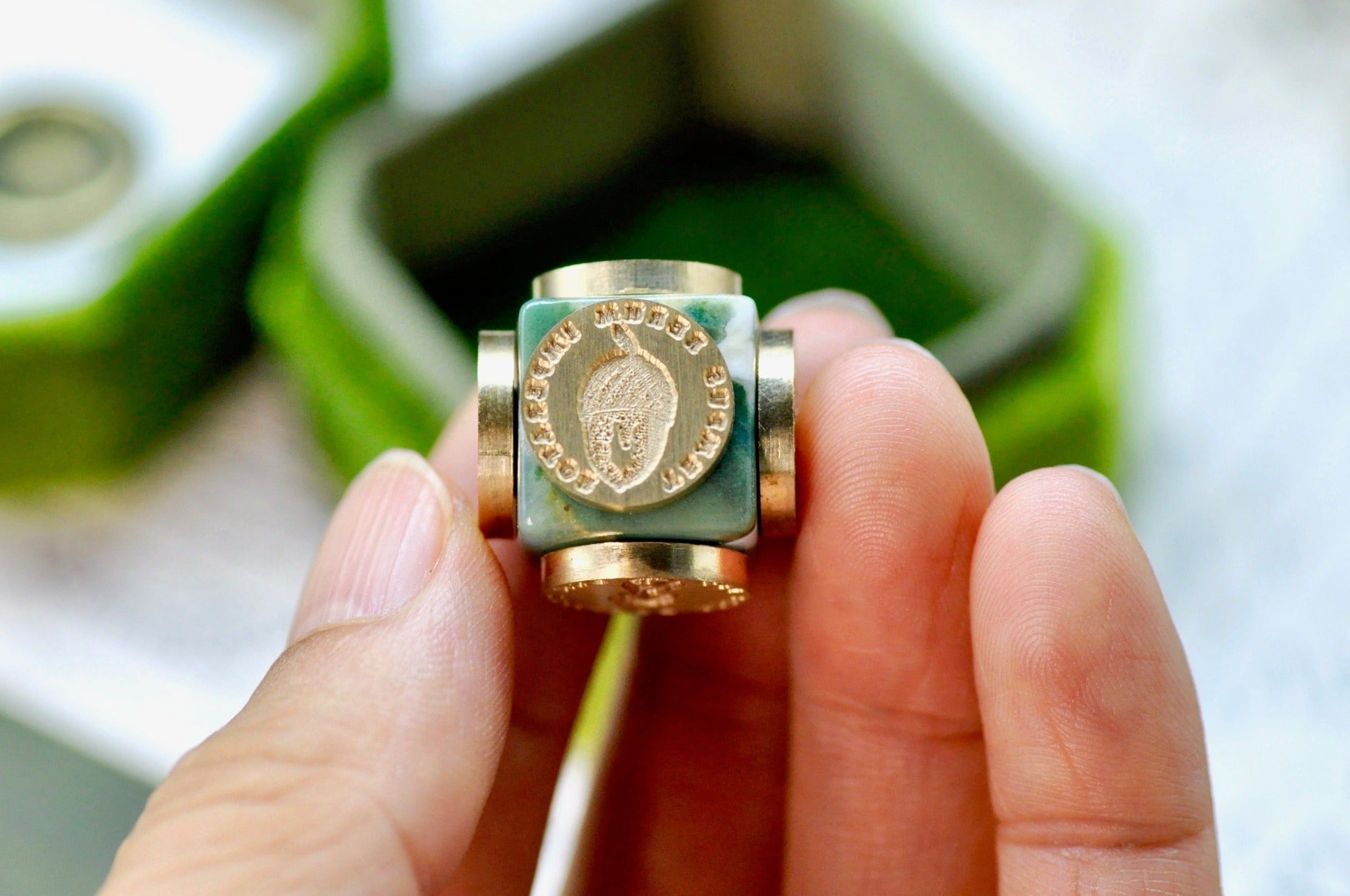OOAK Latin Motto Cube Wax Seal | Moss Agate | Tomorrow Begins Today - Backtozero B20 - acorn, antique, antique inspired, courage, cube, daisy, hope, latin, latin motto, Message, motto, natural stone, newarrivals, patience, pear, positive, positivity, Retro, rose, stone, time, Tree