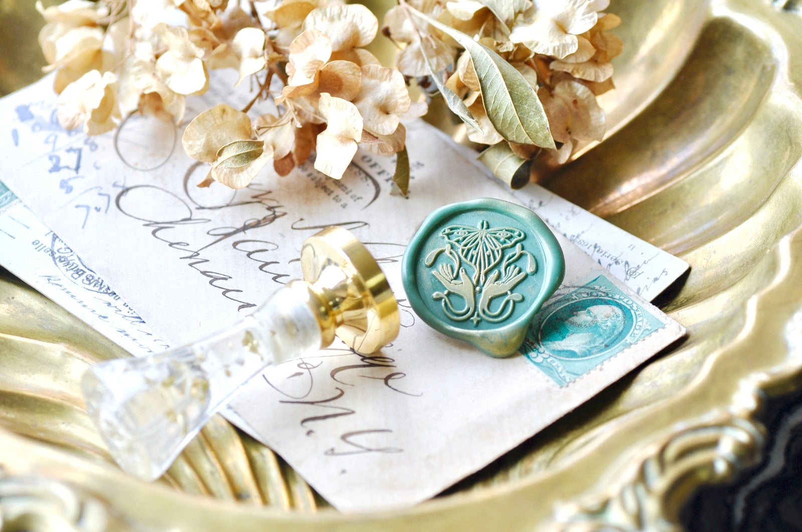 Luna Moth Wax Seal Stamp Designed by Orla Bird - Backtozero B20 - collaboration, gold dust, gold metallic powder, gold powder, hand, hand gesture, handgesture, handleupgrade, hands, moth, newarrivals, orla, orla bird, Signature, signaturehandle