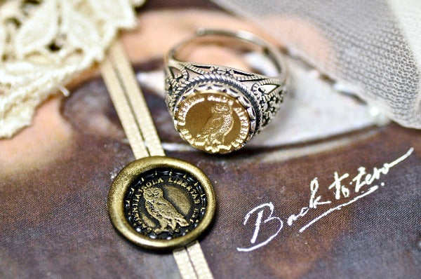 Owl Latin Motto Lace Signet Ring - Backtozero B20 - 12l, 12mm, 12mm ring, 925 Silver, accessory, freedom, her, Intaglio, Intaglio ring, jewelry, lace, latin motto, signet, size 10, size 7, size 8, size 9, time, wax seal, wax seal ring, wax seal stamp, wisdom