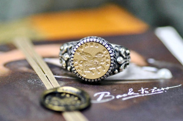Winged Ox Latin Motto Fleur De Lis Signet Ring - Backtozero B20 - 12f, 12mm, 12mm ring, 925 Silver, accessory, Cow, dare, dream, Fleur de Lis, him, Intaglio, Intaglio ring, jewelry, latin, latin motto, Message, ring, seal, seal ring, signet, size 10, size 11, size 8, size 9, wax seal, wax seal stamp