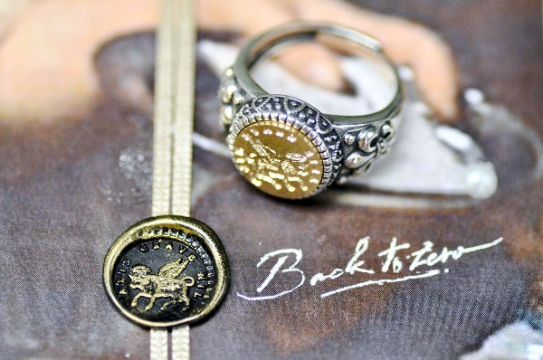 Winged Ox Latin Motto Fleur De Lis Signet Ring - Backtozero B20 - 12f, 12mm, 12mm ring, 925 Silver, accessory, Cow, dare, dream, Fleur de Lis, him, Intaglio, Intaglio ring, jewelry, latin, latin motto, Message, ring, seal, seal ring, signet, size 10, size 11, size 8, size 9, wax seal, wax seal stamp