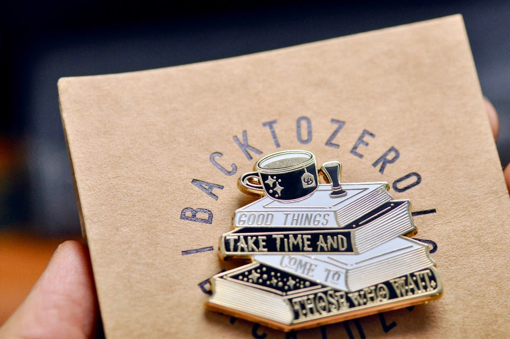 Good Things Take Time Books Enamel Pin - Backtozero B20 - book, Come to those who wait, enamel, Gold, Good things take time, hard enamel, hard enamel pin, her, him, lapel, metal, metal pin, tea, tea bag, wax seal