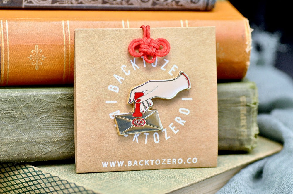 Hand Pressing Wax Seal Letter Enamel Pin | Gold - Backtozero B20 - enamel, Gold, hand, hand gesture, hard enamel, hard enamel pin, her, lapel, Letter, Letters, love letter, mail, metal, metal pin, pin, press, Red, wax seal