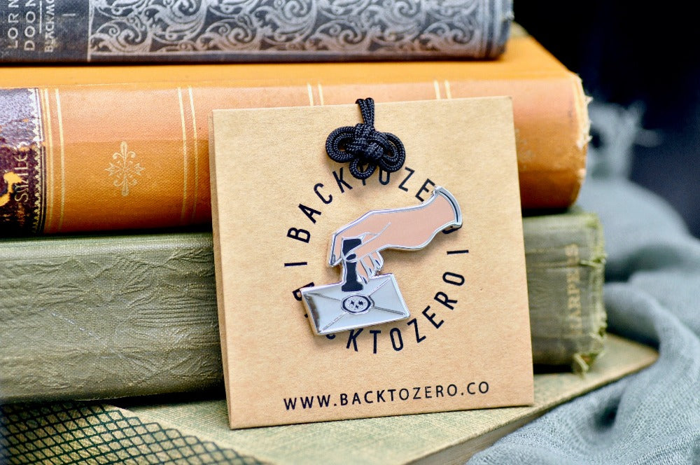 Hand Pressing Wax Seal Letter Enamel Pin | Silver - Backtozero B20 - Black, enamel, hand, hand gesture, hard enamel, hard enamel pin, her, lapel, Letter, Letters, love letter, mail, metal, metal pin, pin, press, Silver, wax seal