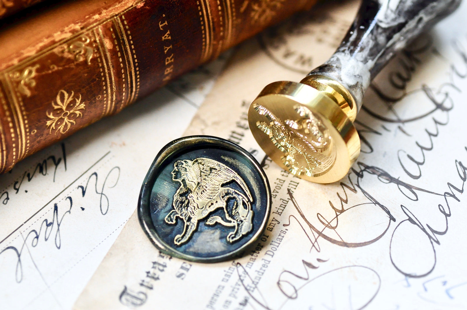 Greek Sphinx Wax Seal Stamp Designed by Jaime Montalvo - Backtozero B20 - collaboration, greek, handleupgrade, Mythical Creatures, newarrivals, rekka, Retro, Signature, signaturehandle, tattoo