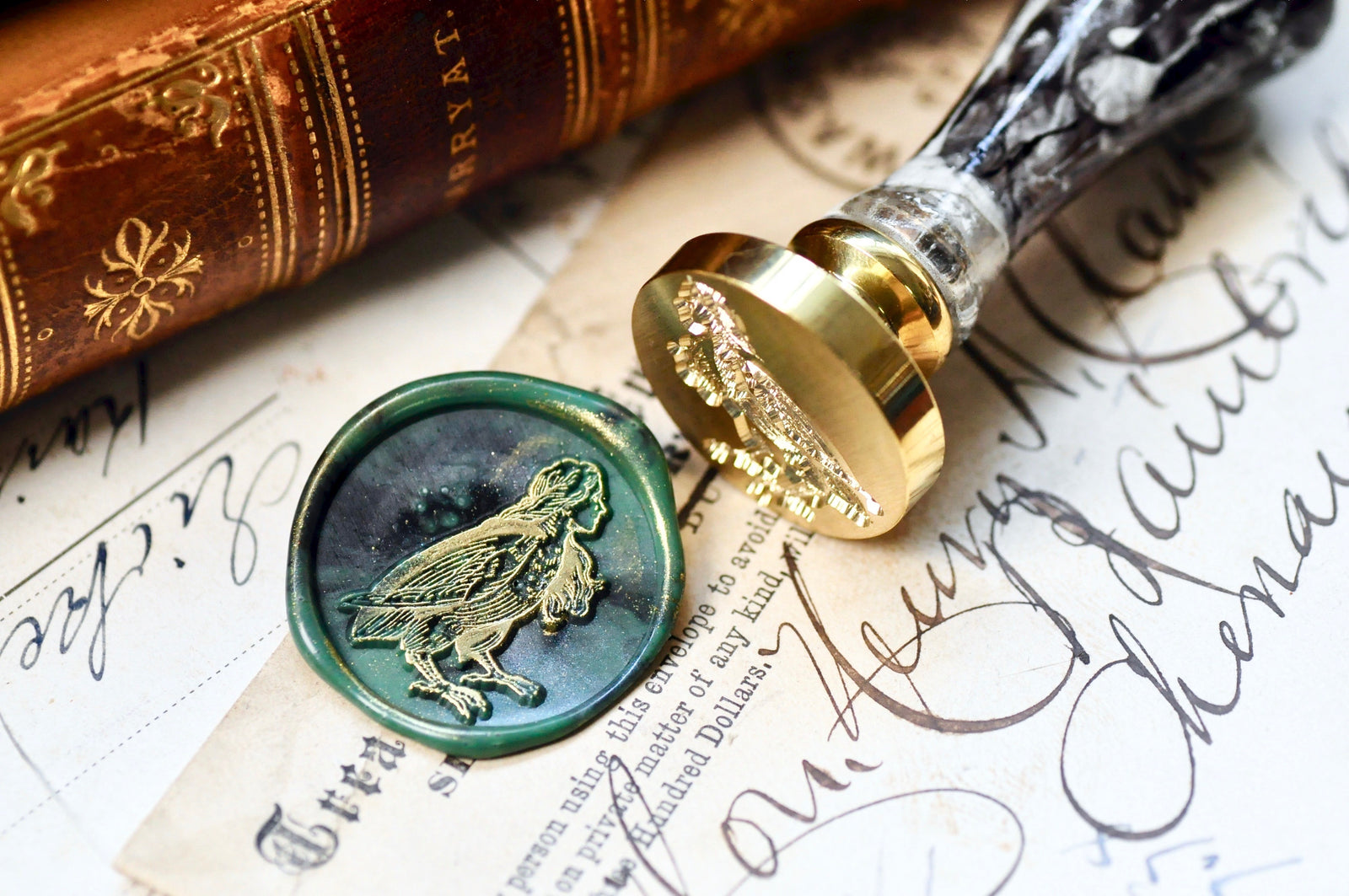 Harpy Outline Wax Seal Stamp Designed by Jaime Montalvo - Backtozero B20 - Animal, Bird, collaboration, faced bird, greek, half bird, half human, handleupgrade, Mythical Creatures, newarrivals, rekka, Retro, Signature, signaturehandle, tattoo