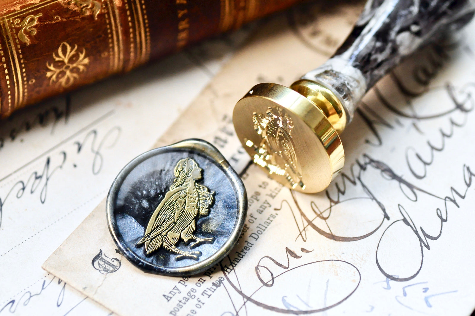 Harpy Wax Seal Stamp Designed by Jaime Montalvo - Backtozero B20 - Animal, Bird, collaboration, faced bird, greek, half bird, half human, handleupgrade, Mythical Creatures, newarrivals, rekka, Retro, Signature, signaturehandle, tattoo