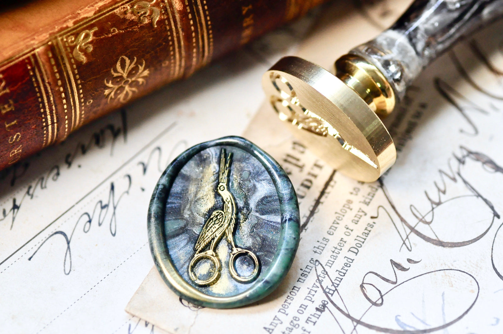 Stork Scissors Wax Seal Stamp Designed by Jaime Montalvo - Backtozero B20 - Bird, collaboration, crane, handleupgrade, newarrivals, oval, rekka, Retro, Signature, signaturehandle, tattoo