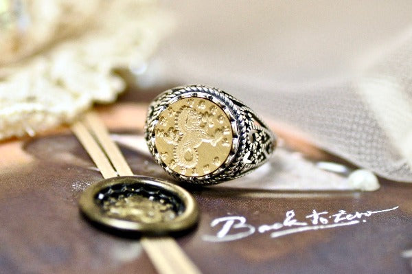 Sea Lion Latin Motto Lace Signet Ring - Backtozero B20 - 12l, 12mm, 12mm ring, 925 Silver, accessory, her, Heraldic, Intaglio, Intaglio ring, jewelry, lace, latin motto, Mythical Creatures, shine, signet, size 10, size 7, size 8, size 9, time, wax seal, wax seal ring, wax seal stamp