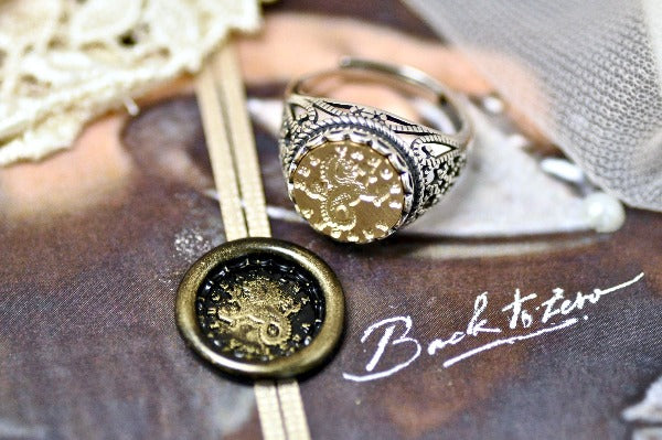 Sea Lion Latin Motto Lace Signet Ring - Backtozero B20 - 12l, 12mm, 12mm ring, 925 Silver, accessory, her, Heraldic, Intaglio, Intaglio ring, jewelry, lace, latin motto, Mythical Creatures, shine, signet, size 10, size 7, size 8, size 9, time, wax seal, wax seal ring, wax seal stamp