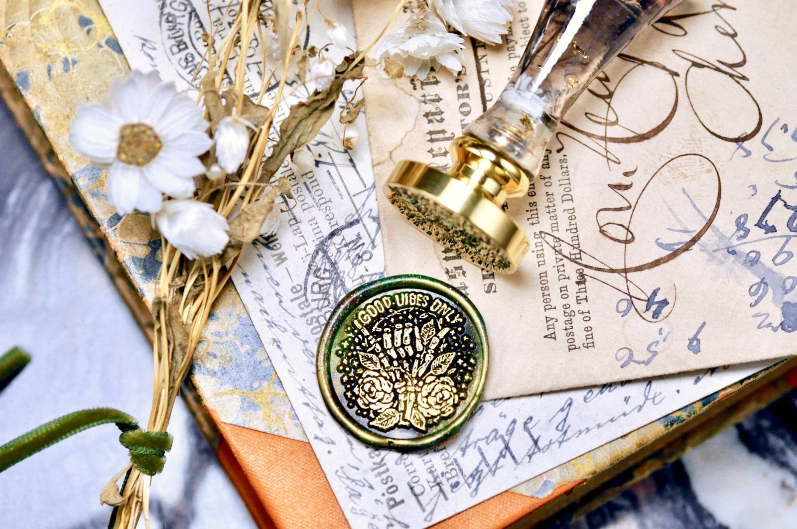 Memento Mori Skeleton Good Vibes Wax Seal Stamp - Backtozero B20 - Bone, death, halloween2023, latin, memento mori, Message, newarrivals, rose, Signature, signaturehandle, skeleton, Skull