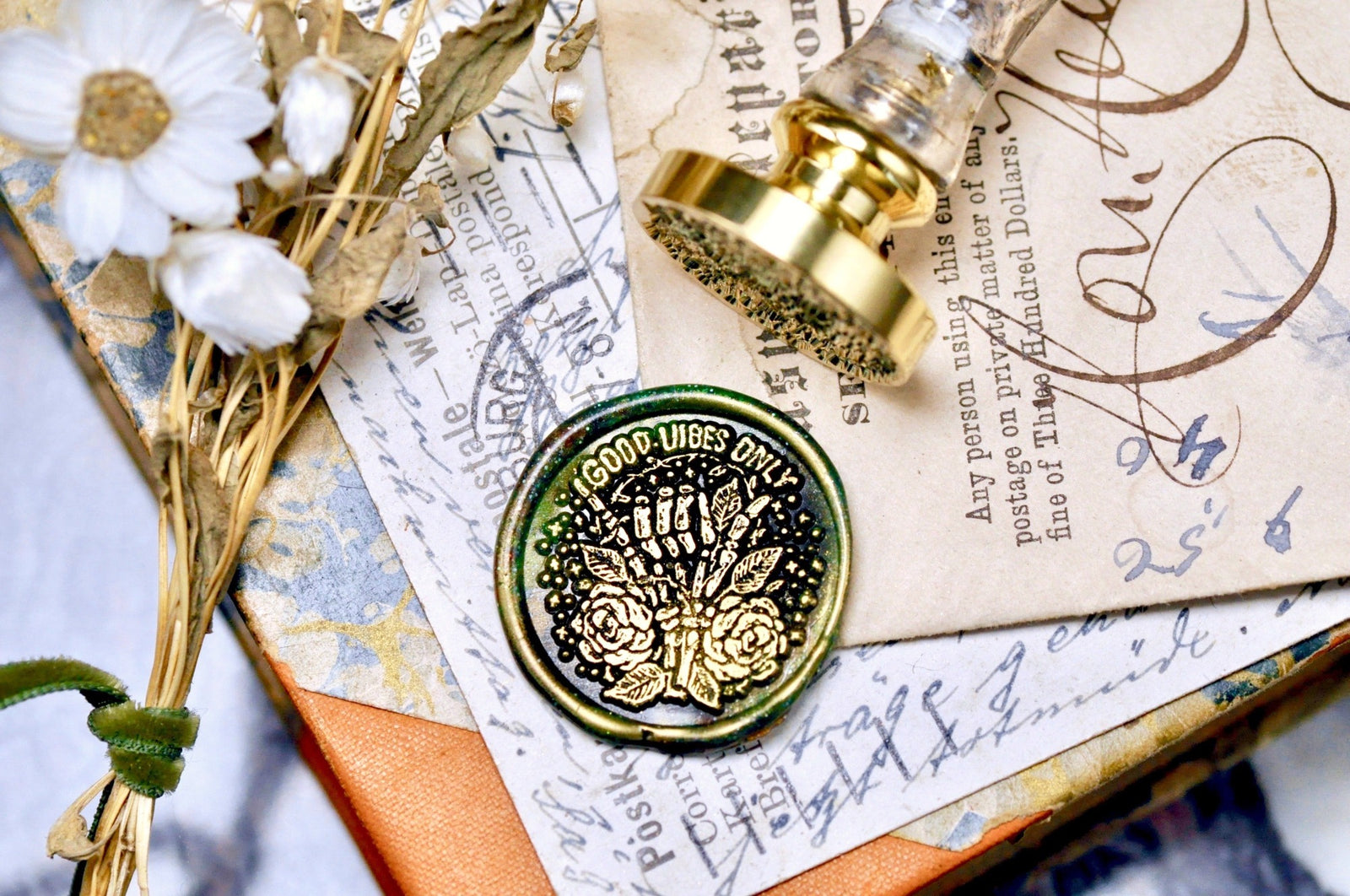 Memento Mori Skeleton Good Vibes Wax Seal Stamp - Backtozero B20 - Bone, death, halloween2023, latin, memento mori, Message, newarrivals, rose, Signature, signaturehandle, skeleton, Skull