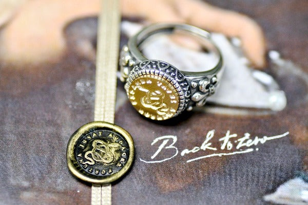 Snake Latin Motto Fleur De Lis Signet Ring - Backtozero B20 - 12f, 12mm, 12mm ring, 925 Silver, accessory, Fleur de Lis, him, Intaglio, Intaglio ring, jewelry, latin, latin motto, Message, motivation, ring, seal, seal ring, signet, size 10, size 11, size 8, size 9, wax seal, wax seal stamp