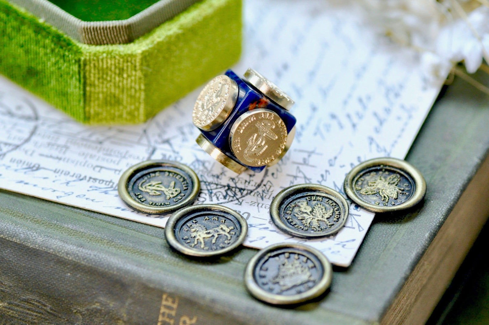 OOAK Latin Motto Cube Wax Seal | Sodalite | Work for your Dream - Backtozero B20 - Anchor, antique, antique inspired, Bee, Boat, cube, determination, hard work, Horse, latin, latin motto, Message, motto, natural stone, newarrivals, passion, power, Retro, stone, thistle, wisdom, work hard