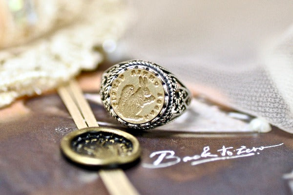 Squirrel Latin Motto Lace Signet Ring - Backtozero B20 - 12l, 12mm, 12mm ring, 925 Silver, accessory, dedication, determination, her, Intaglio, Intaglio ring, jewelry, lace, latin motto, signet, size 10, size 7, size 8, size 9, time, wax seal, wax seal ring, wax seal stamp