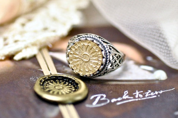 Sun with Eye Latin Motto Lace Signet Ring