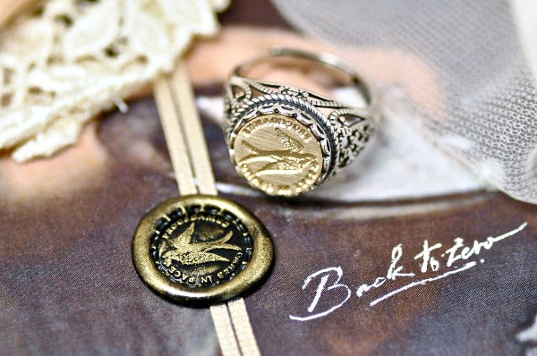 Swallow Latin Motto Lace Signet Ring - Backtozero B20 - 12l, 12mm, 12mm ring, 925 Silver, accessory, Bird, Clover, her, Intaglio, Intaglio ring, jewelry, lace, latin motto, peace, positive, positivity, Shamrock, signet, size 10, size 7, size 8, size 9, wax seal, wax seal ring, wax seal stamp