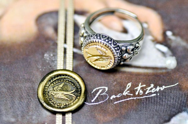 Swallow with Clover Latin Motto Fleur De Lis Signet Ring - Backtozero B20 - 12f, 12mm, 12mm ring, 925 Silver, accessory, Bird, Clover, Fleur de Lis, him, Intaglio, Intaglio ring, jewelry, latin, latin motto, Message, peace, positivity, ring, seal, seal ring, signet, size 10, size 11, size 8, size 9, wax seal, wax seal stamp