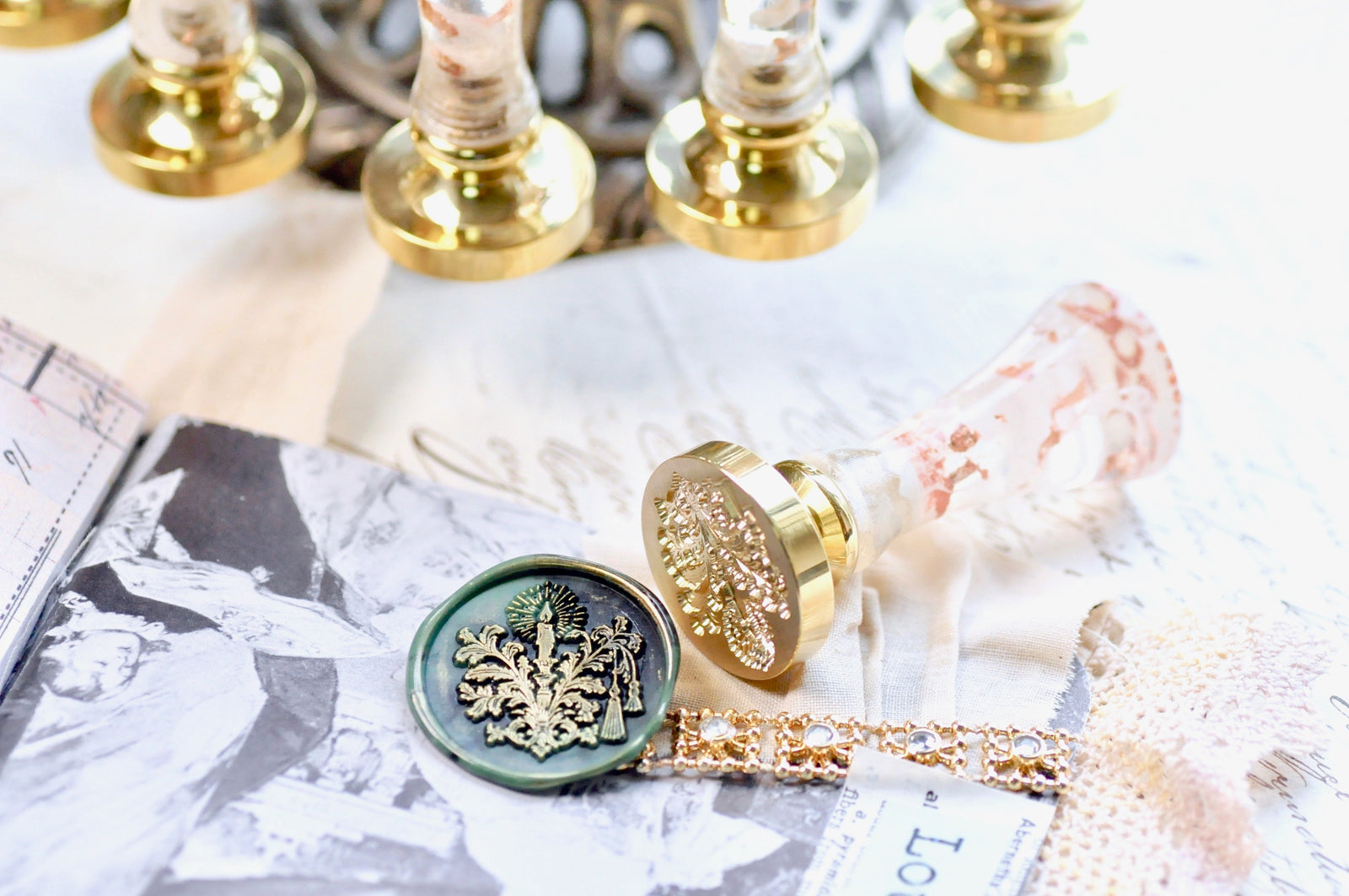 Candlelight with Botanical branches & Tassels Wax Seal Stamp - Backtozero B20 - Botanical, candle, handleupgrade, newarrivals, olive branch, Retro, Signature, signaturehandle, tassel