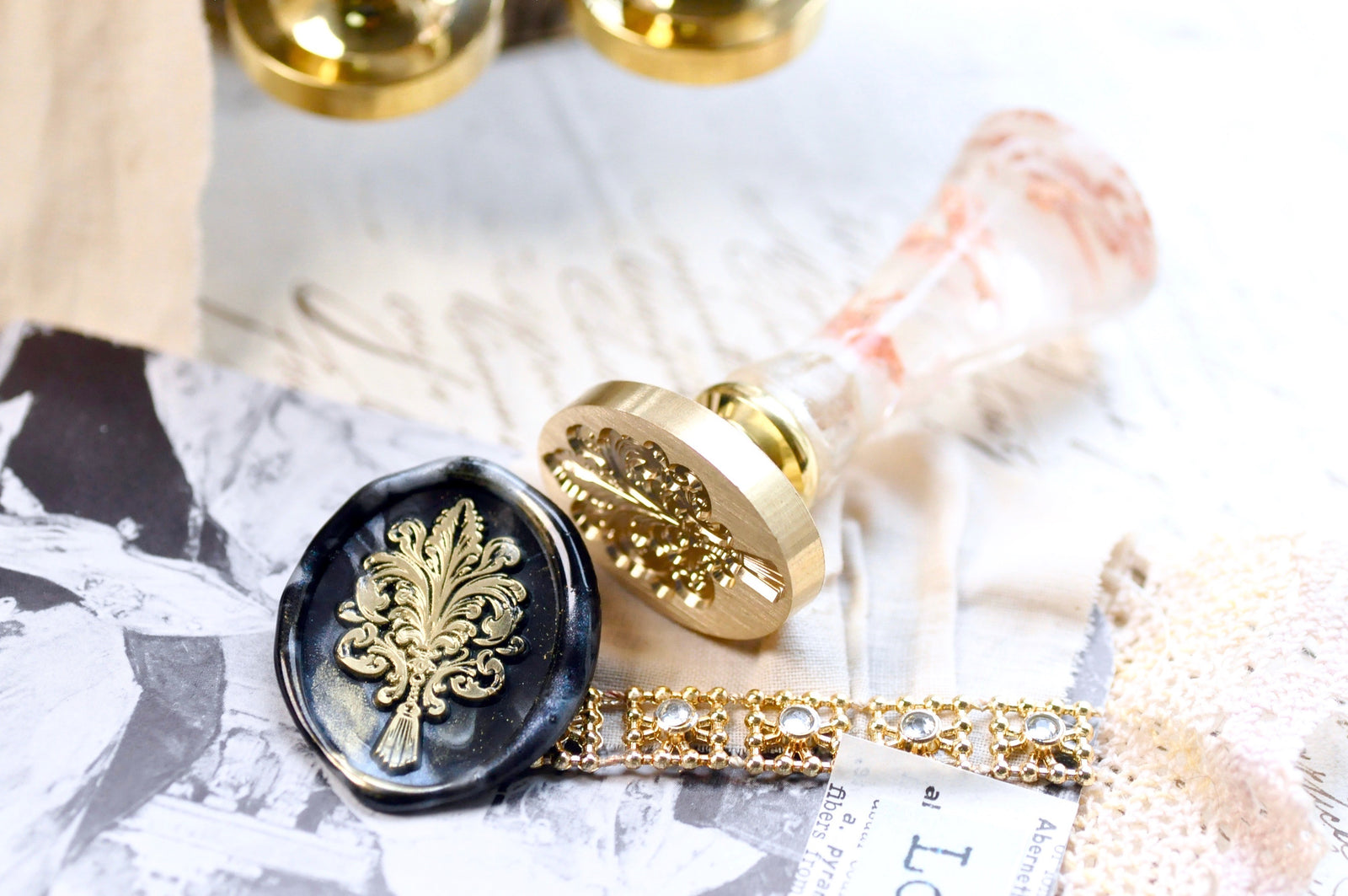 Fleur de Lis Flourish Iris & Tassel Wax Seal Stamp | I - Backtozero B20 - Deco, Decorative, fleur, Fleur de Lis, floral, flourish, Flower, handleupgrade, iris, newarrivals, oval, Retro, Signature, signaturehandle, tassel, Victorian