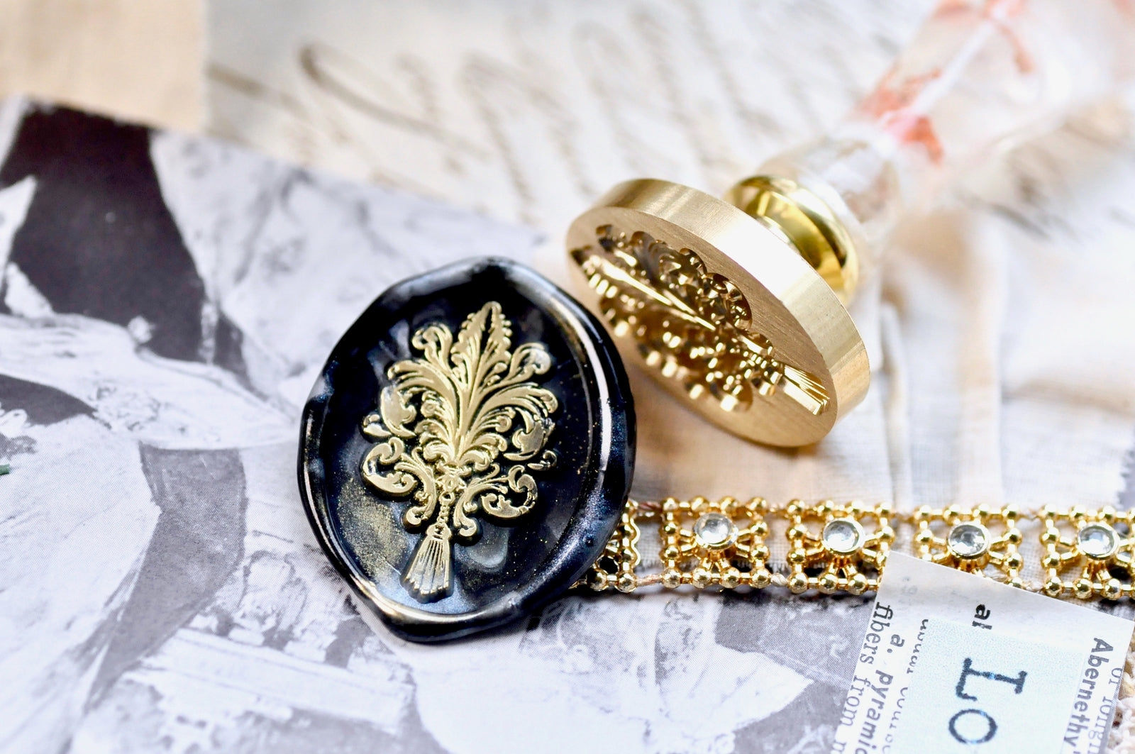 Fleur de Lis Flourish Iris & Tassel Wax Seal Stamp | I - Backtozero B20 - Deco, Decorative, fleur, Fleur de Lis, floral, flourish, Flower, handleupgrade, iris, newarrivals, oval, Retro, Signature, signaturehandle, tassel, Victorian