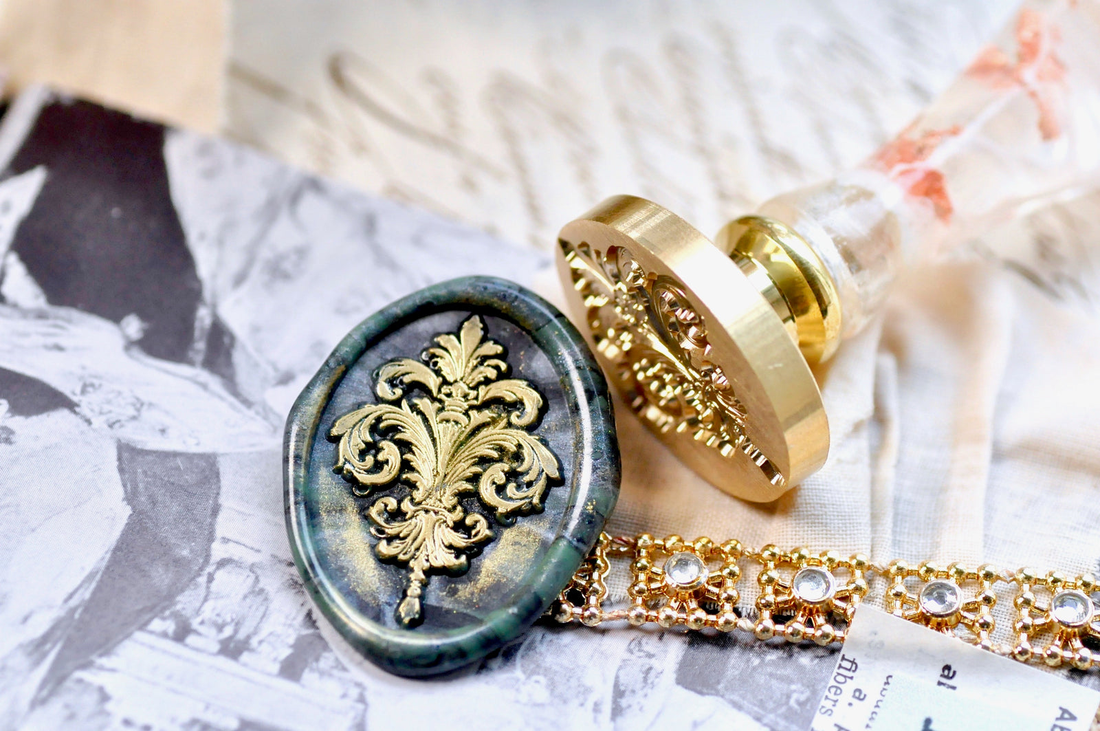 Fleur de Lis Flourish Iris & Tassel Wax Seal Stamp | II - Backtozero B20 - Deco, Decorative, fleur, Fleur de Lis, floral, flourish, Flower, handleupgrade, iris, newarrivals, oval, Retro, Signature, signaturehandle, tassel, Victorian