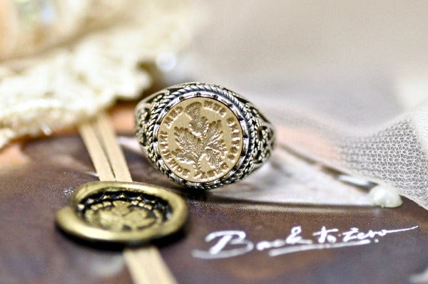 Thistle Latin Motto Lace Signet Ring - Backtozero B20 - 12l, 12mm, 12mm ring, 925 Silver, accessory, Flower, her, Intaglio, Intaglio ring, jewelry, lace, latin motto, signet, size 10, size 7, size 8, size 9, strength, wax seal, wax seal ring, wax seal stamp