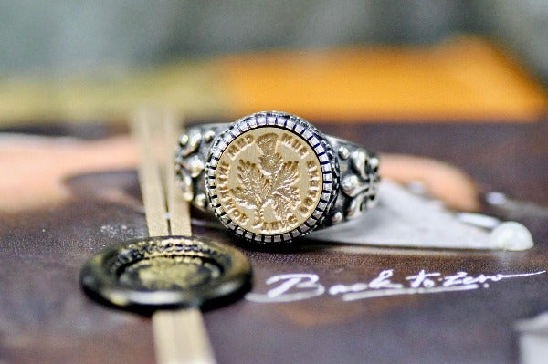 Thistle Latin Motto Fleur De Lis Signet Ring - Backtozero B20 - 12f, 12mm, 12mm ring, 925 Silver, accessory, Fleur de Lis, Flower, him, Intaglio, Intaglio ring, jewelry, latin, latin motto, Message, ring, seal, seal ring, signet, size 10, size 11, size 8, size 9, strength, wax seal, wax seal stamp