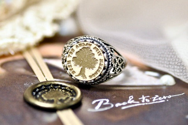 Tree Latin Motto Lace Signet Ring - Backtozero B20 - 12l, 12mm, 12mm ring, 925 Silver, accessory, fear, free, good life, her, Intaglio, Intaglio ring, jewelry, lace, latin motto, signet, size 10, size 7, size 8, size 9, strength, wax seal, wax seal ring, wax seal stamp