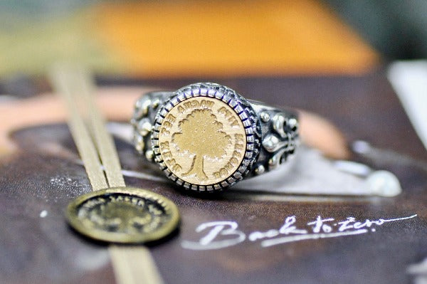Tree Latin Motto Fleur De Lis Signet Ring - Backtozero B20 - 12f, 12mm, 12mm ring, 925 Silver, accessory, fear, Fleur de Lis, free, good life, him, Intaglio, Intaglio ring, jewelry, latin, latin motto, Message, ring, seal, seal ring, signet, size 10, size 11, size 8, size 9, wax seal, wax seal stamp