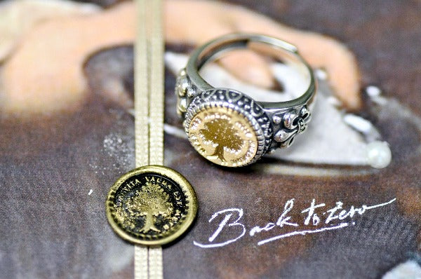Tree Latin Motto Fleur De Lis Signet Ring - Backtozero B20 - 12f, 12mm, 12mm ring, 925 Silver, accessory, fear, Fleur de Lis, free, good life, him, Intaglio, Intaglio ring, jewelry, latin, latin motto, Message, ring, seal, seal ring, signet, size 10, size 11, size 8, size 9, wax seal, wax seal stamp