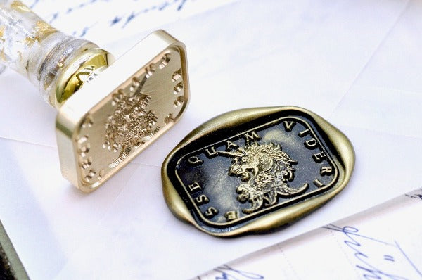 Unicorn Latin Motto Wax Seal Stamp - Backtozero B20 - antique, authentic, latin, latin motto, Message, motivation, Retro, rounded rectangle, Signature, signaturehandle