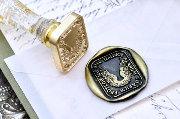 Wings Latin Motto Wax Seal Stamp - Backtozero B20 - antique, latin, latin motto, Message, protection, Retro, rounded rectangle, secure, Signature, signaturehandle