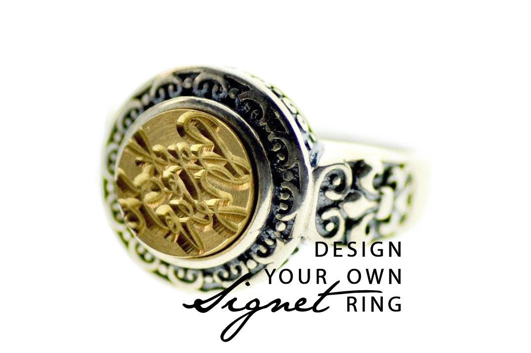 Design your own 10mm Deco Signet Ring - Backtozero B20 - 10fd, 10mm, 10mm ring, accessory, bespoke, Custom, custom ring, customsignet, Design Your Own, Fleur de Lis, him, jewelry, ring, seal, seal ring, signet ring, size 10, size 11, size 8, size 9, wax seal, wax seal stamp, wreath