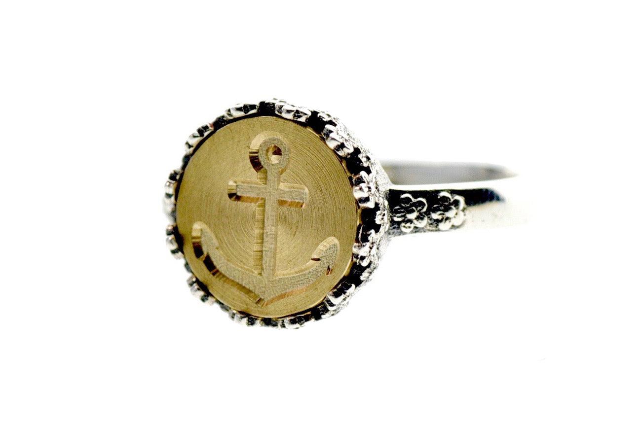 Anchor Signet Ring - Backtozero B20 - 10fc, 10mm, 10mm ring, accessory, Anchor, floral, Flower, her, jewelry, Nautical, Pam red, ring, seal, seal ring, signet ring, size 6, size 7, size 8, wax seal, wax seal ring, wax seal stamp, wreath